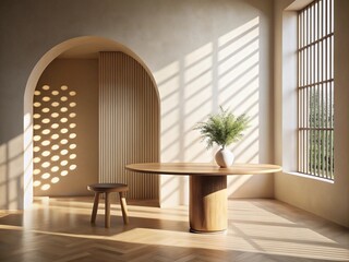 Fototapeta premium minimal Empty wood table product display, with sunlight with tropical monstera leaves plants, Interior of living room. 