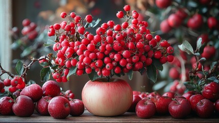 Apple centerpiece with vibrant red berries