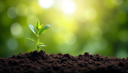 New plant sprouting from rich soil under soft sunlight in a lush green environment