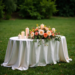 Outdoor wedding decoration with candles dried flowers accessories table with linen tablecloth green lawn nobody
