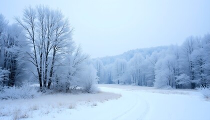 Snowy winter landscape with frosted trees and soft powder resting on the ground in a serene atmosphere