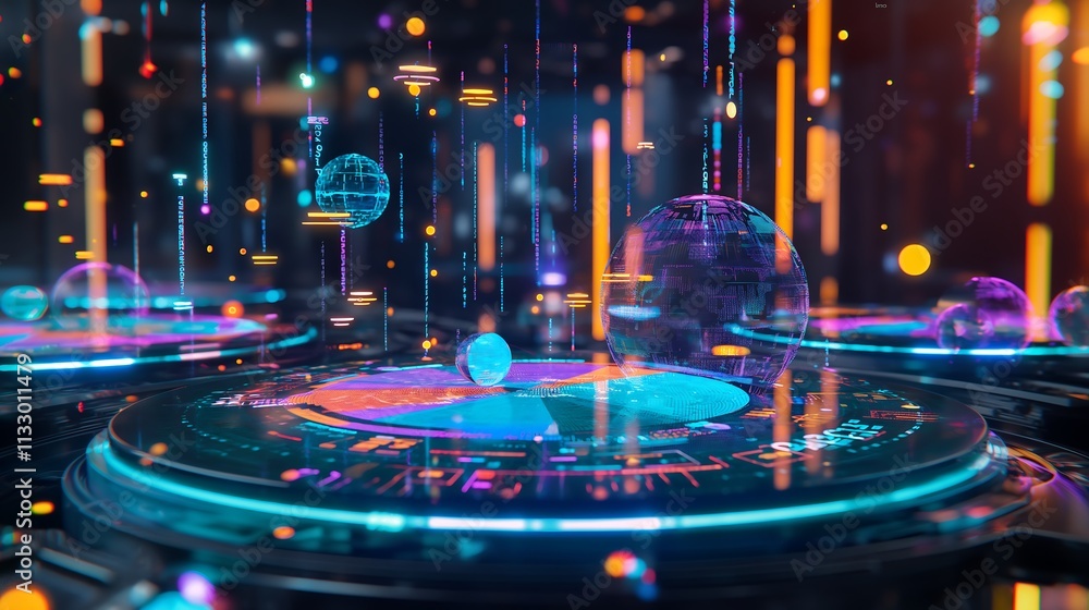 Aufkleber interactive holographic business growth analysis with colorful pie charts, financial trends, and num