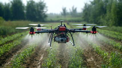 Drone sprayer targeting specific crop areas from above, high-tech farming