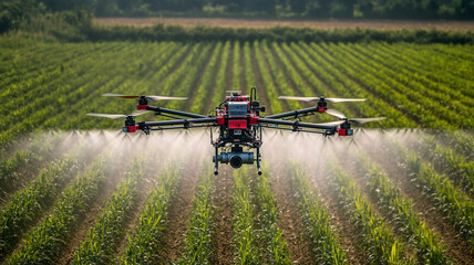 Drone sprayer targeting specific crop areas from above, high-tech farming