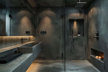 A sleek bathroom with concrete walls, a wall-mounted sink with minimalist fixtures, and a recessed shower niche for storage