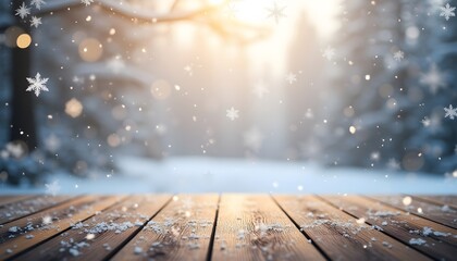 Snowflakes create a serene winter backdrop with soft bokeh and wooden floor for seasonal events or displays