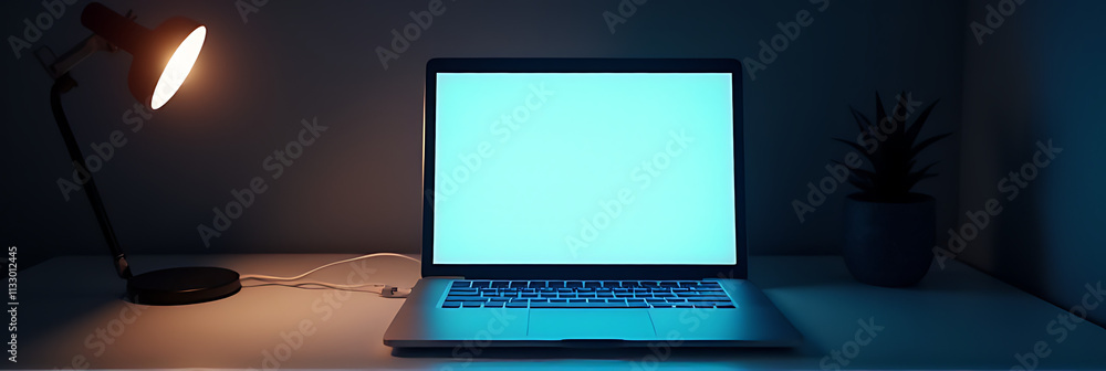 Poster laptop with a modern computer design has a blank screen and is illuminated by a flashlight in the ba