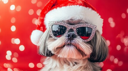 A luxurious Afghan Hound with golden holiday decorations
A lively Border Collie adorned with trendy holiday accessories
A glamorous Shih Tzu adorned with diamond-studded glasses and a festive look
A g