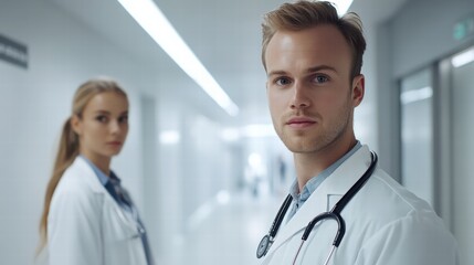 Fototapeta premium Healthcare professionals collaborating in hospital corridor medical environment portraits focus on teamwork inspiring dedication