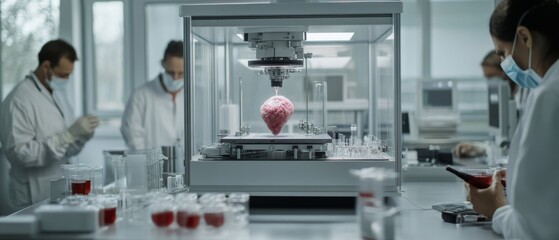 Scientists in a lab examine a bioprinter creating an artificial heart, bridging innovation and hope in medical technology.