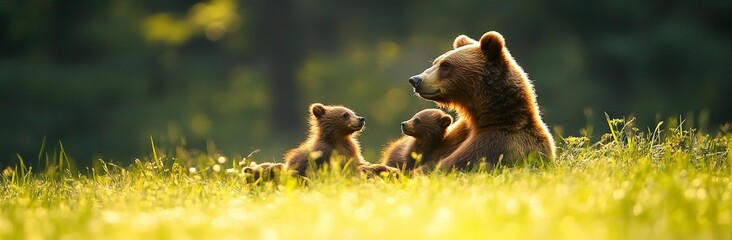 Obraz premium Brown bear with cubs in a grassy meadow. AI generated illustration.