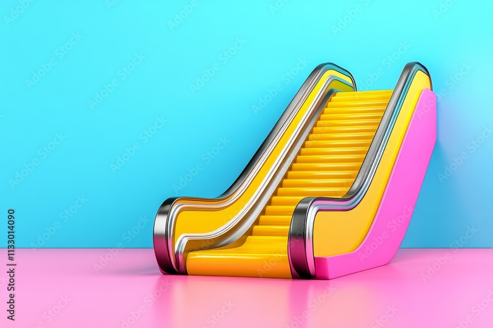 Poster A bold graphic of a curved escalator pathway represented with clean, dynamic shapes, isolated on a soft pastel background