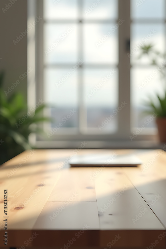 Aufkleber imalist office setup features a bare wooden table with a blurred window background suitable for designing visual layouts and displaying products._00002_