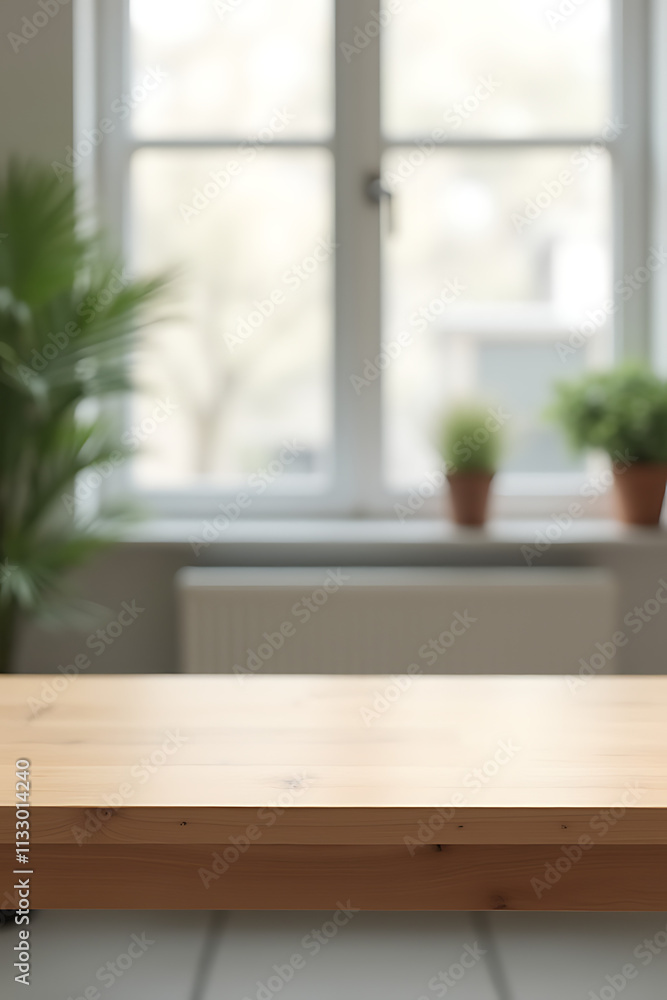 Aufkleber imalist office setup features a bare wooden table with a blurred window background suitable for designing visual layouts and displaying products._00001_