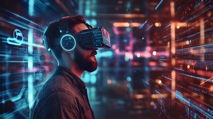 Fototapeta premium Man Experiencing Immersive Virtual Reality Technology