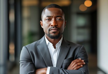 Fototapeta premium A professional business portrait of an Afro-American businessman in a suit, arms crossed, with a transparent background. Created with generative AI technology
