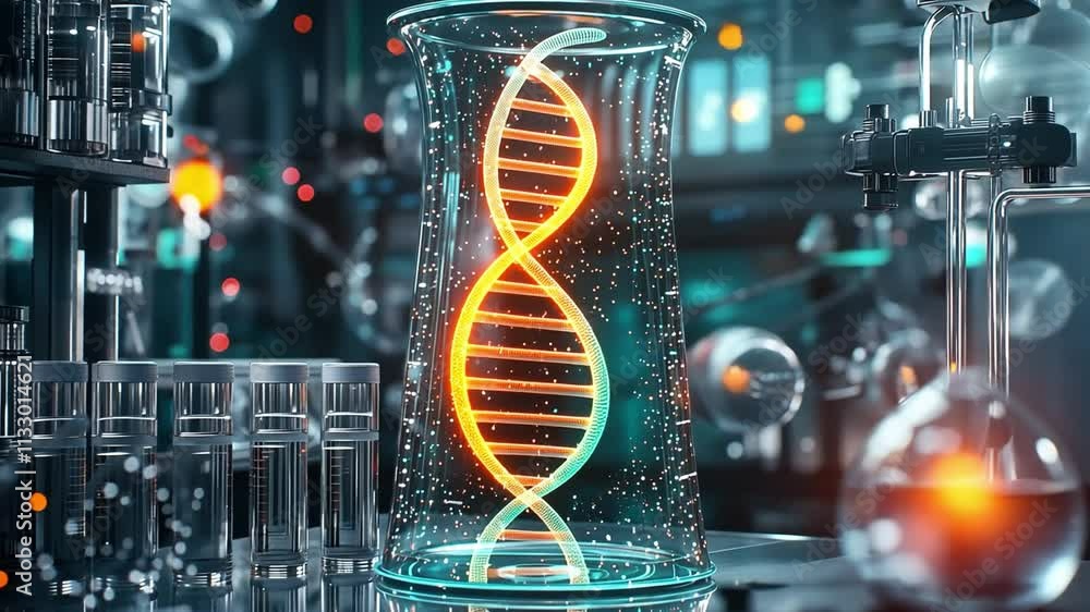 Poster biocomputer concept with illuminated dna structure in a high-tech laboratory environment