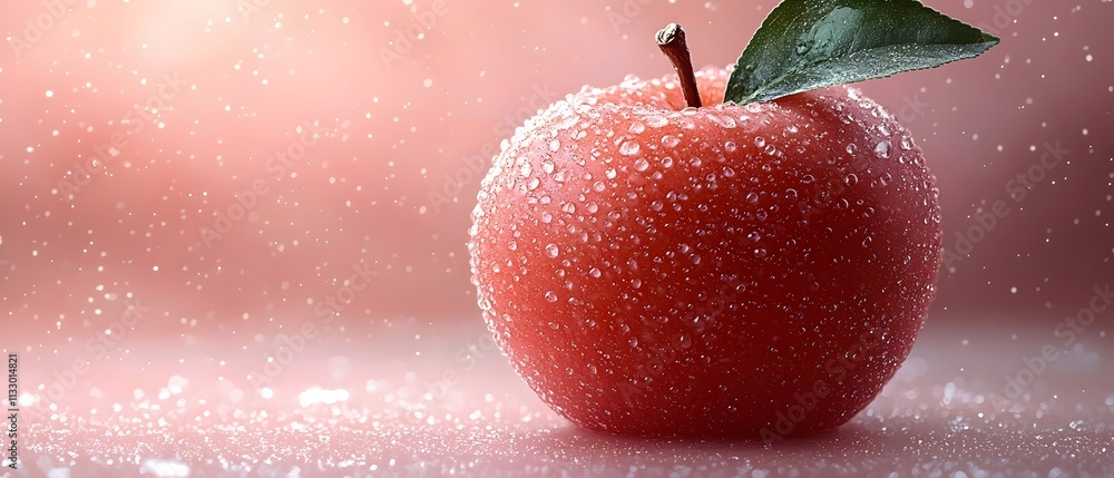Poster a close-up of a fresh red apple adorned with droplets of water and a green leaf, set against a soft 
