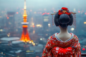 Woman in Traditional Kimono Overlooking Vibrant City Lights.