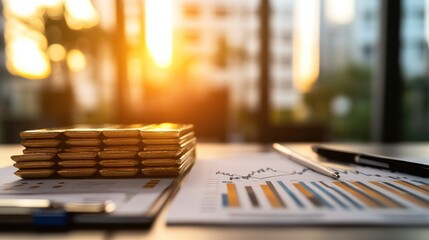 Golden Bars Stacked Neatly on Table with Business Charts and Diagrams, Capturing a Productive Morning with Sunlight and Urban Background