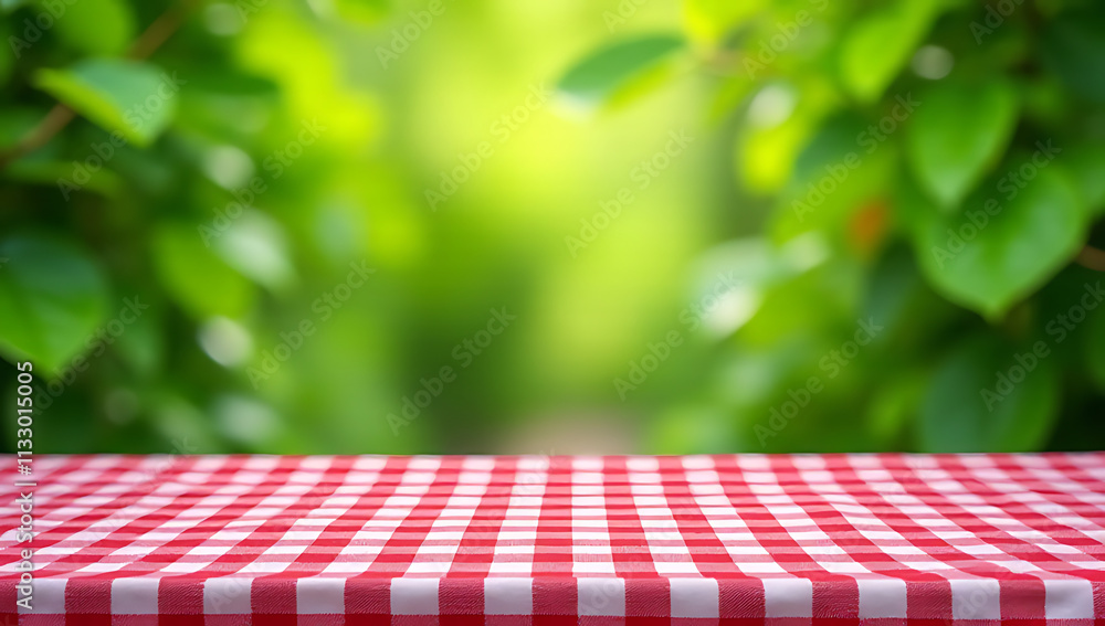 Poster Green leaves from a garden background blend subtly into an abstract pattern with the red checkered tablecloth as main focus._00002_