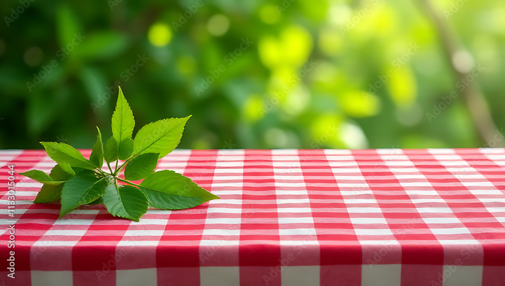 Poster Green leaves from a garden background blend subtly into an abstract pattern with the red checkered tablecloth as main focus._00001_