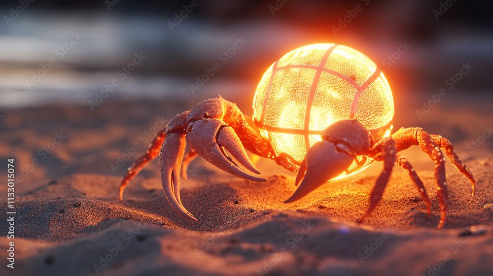 Poster a digital beach volleyball icon linked to a glowing sand crab, symbolizing online platforms explorin