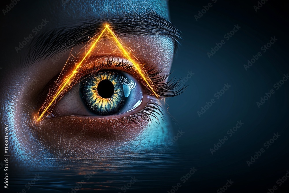 Poster a clean, minimalist depiction of an evil eye symbol, with sharp geometric shapes and glowing lines a