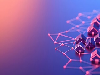 Dynamic group of homes connected by glowing lines representing housing ventures collaborative wealth and community-driven investment