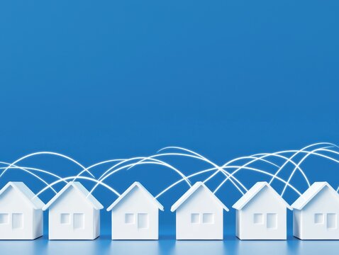 Dynamic group of homes connected by glowing lines representing housing ventures collaborative wealth and community-driven investment