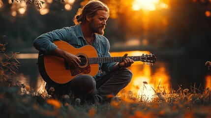 A man playing guitar by a serene lake at sunset, creating a peaceful atmosphere.