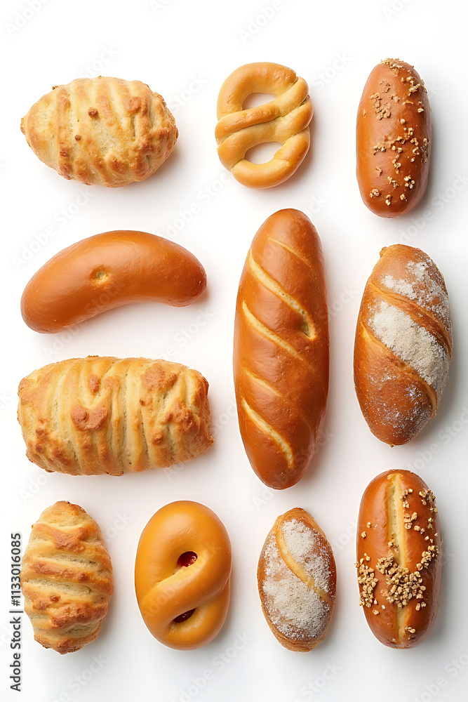 Poster Freshly baked bread and a variety of pastries are arranged in a neat display on a clean white background with health food concepts nearby._00001_