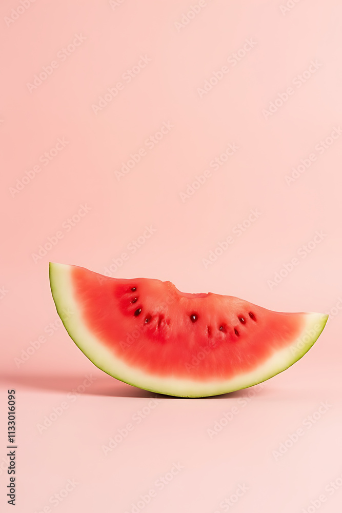 Poster fresh watermelon slice sits delicately on a soft pastel colored background with gentle curves and su