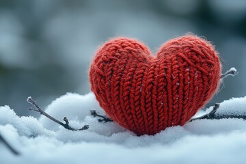 Fototapeta premium Red heart-shaped yarn decoration on snow-covered branches in winter, creating a romantic and adorable atmosphere, blurred white background.