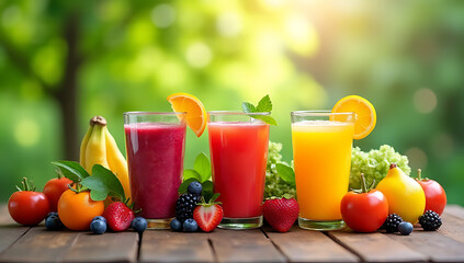 Fototapeta premium Fresh fruit and colorful vegetable drinks are arranged on a wooden table in a serene garden atmosphere, promoting body refreshment and vitamins._00001_
