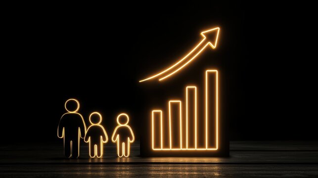 Abstract design of a glowing graph growing alongside a family silhouette symbolizing savings and financial returns over time