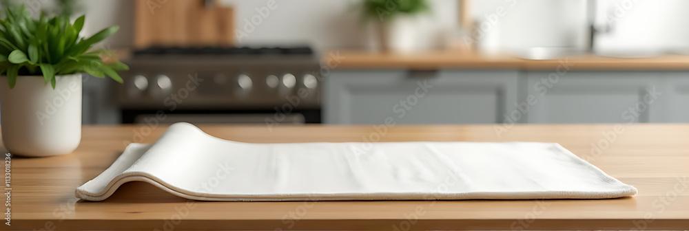 Poster Fabric placemat on a wooden table top with a blurred kitchen background for a creative product display setting._00002_
