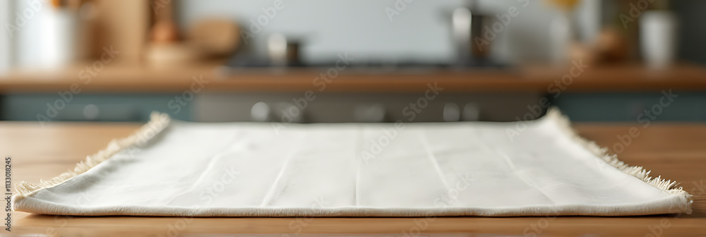 Poster Fabric placemat on a wooden table top with a blurred kitchen background for a creative product display setting._00001_