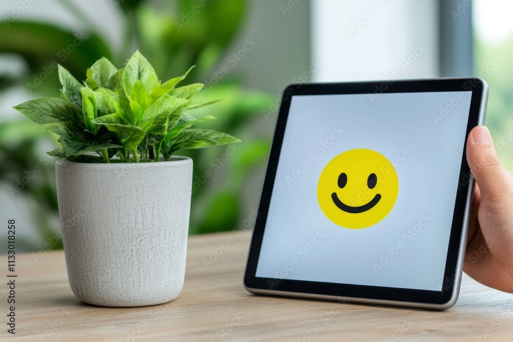 Poster a customer satisfaction evaluation survey being filled out on a tablet, with a smiling face icon sel