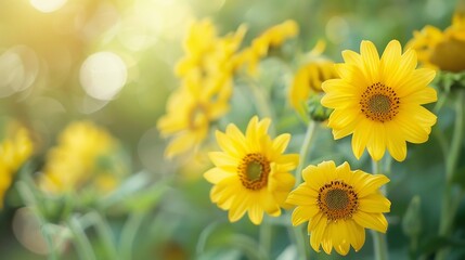Obraz premium Sunlit Yellow Flowers in a Summer Meadow