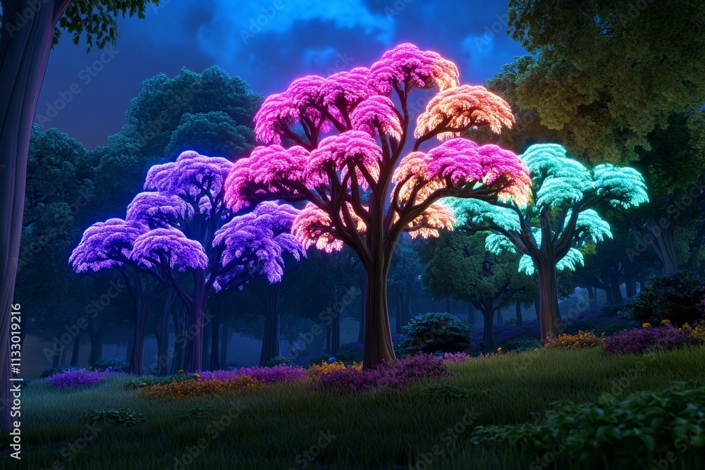 Poster a cyberpunk-themed depiction of a glowing eucalyptus forest, with neon-colored leaves and high-tech 