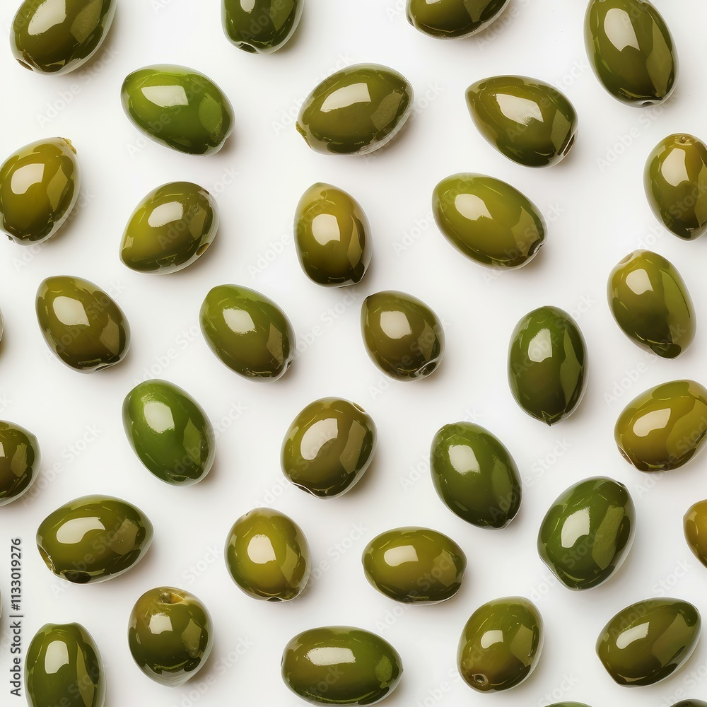 Poster delicious green olives arranged in diagonal lines on a white background, creating a visually appeali