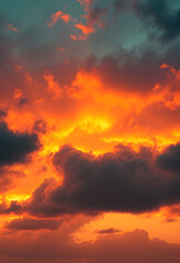 Fototapeta premium Fiery orange dramatic cloudy sunset sky. Colorful colors of dawn. Incredible beauty. A beautiful and colorful abstract nature background. Illustration 3d, cinematic, with white tones