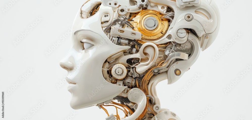 Aufkleber a futuristic robotic head design showcasing intricate mechanical components and a human-like appeara