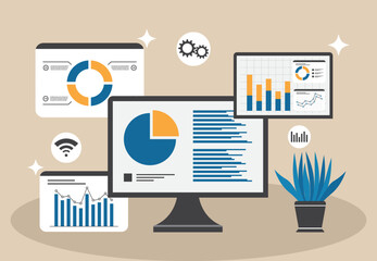 Modern Data Analysis and Business Analytics Visualization on Multiple Screens with Charts and Graphs in a Workspace Setting.