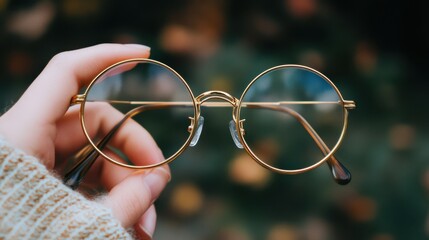 Elegant Round Glasses Held by a Hand in Nature
