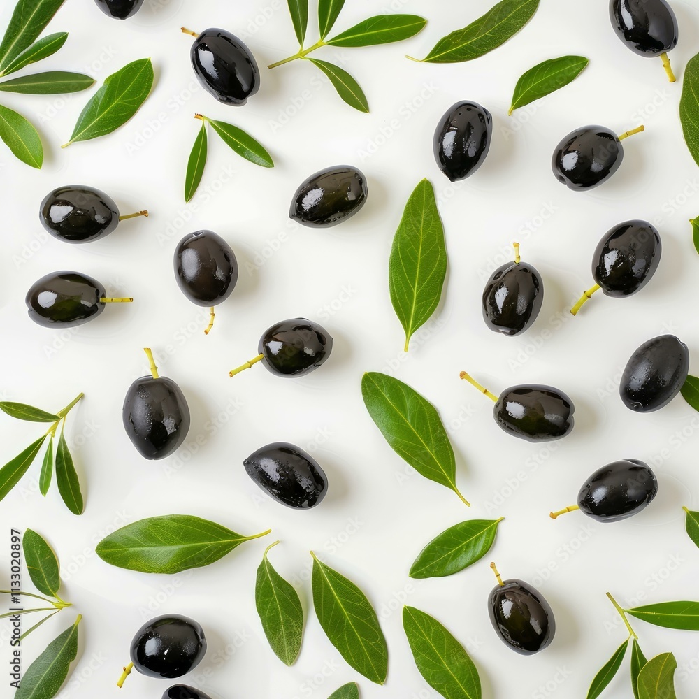 Poster pattern of shiny black olives and green leaves creating a visually appealing design on a white backd