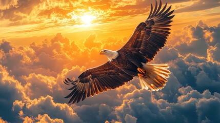 Obraz premium A dynamic shot of a soaring eagle against a dramatic sky, with sunlight breaking through clouds and casting a warm glow. The composition symbolizes freedom and strength.