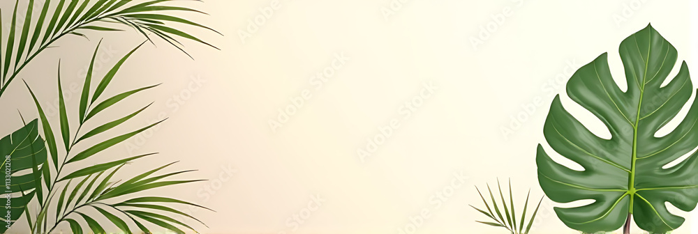 Poster Delicate tropical palm leaves and monstera create a calming atmosphere against a soft pastel colored background with ample copy space._00002_