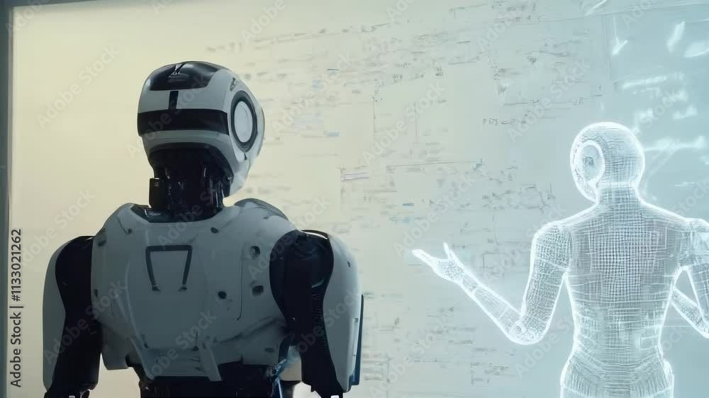 Poster a robot interacts with a holographic human figure, showcasing advanced technology and innovation. id